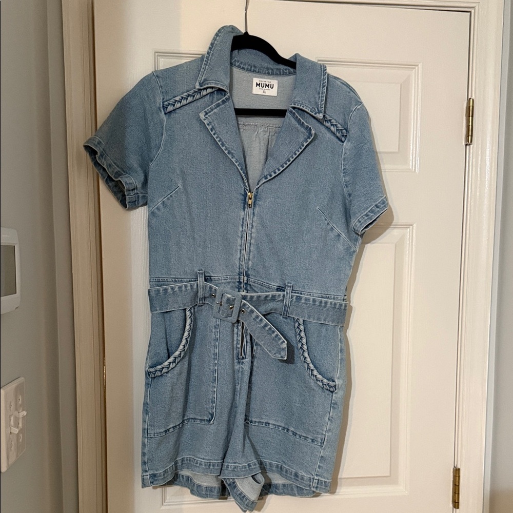 Show Me Your MuMu Denim Belted Romper